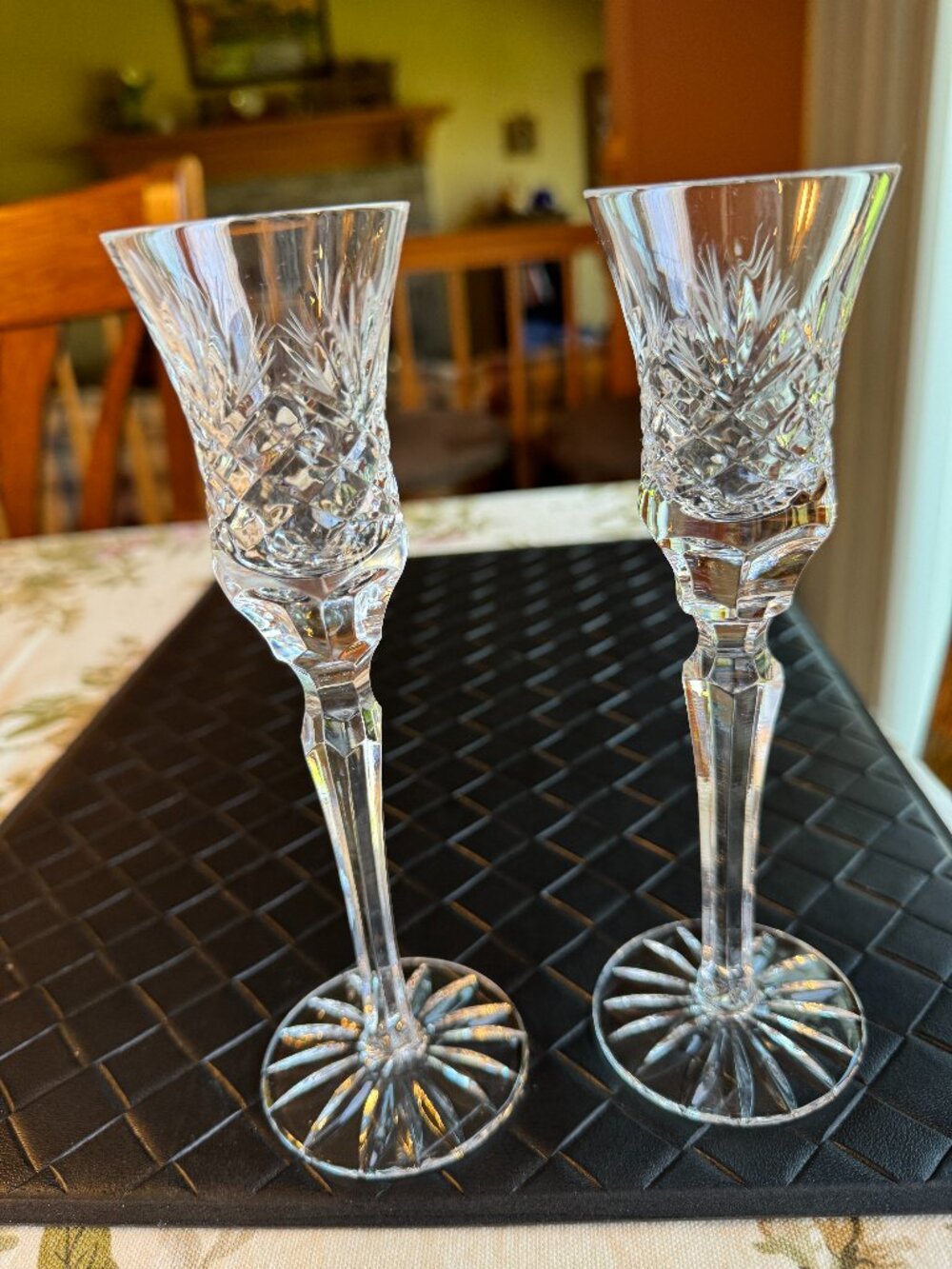 Pair of Cut Glass Taper Candle Holders Intricate Design 7 1/2" High